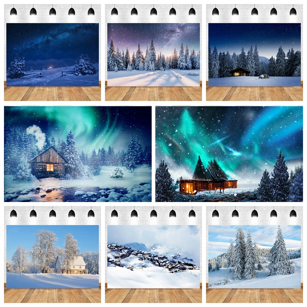 Winter Night Snowflake Aurora Photography Background Starry Sky Moon Tree Pine Forest Background Christmas Merry New Year Party