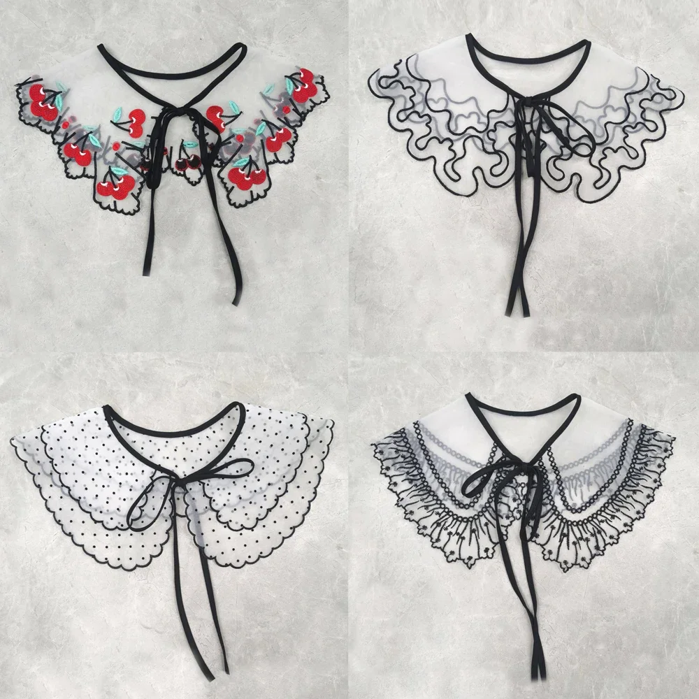 

Chiffon Lace Fake Collar Women 6 Styles Decorative Double Layer European Style Bow Tie Floral Embroidery Choker Blouse Shawl