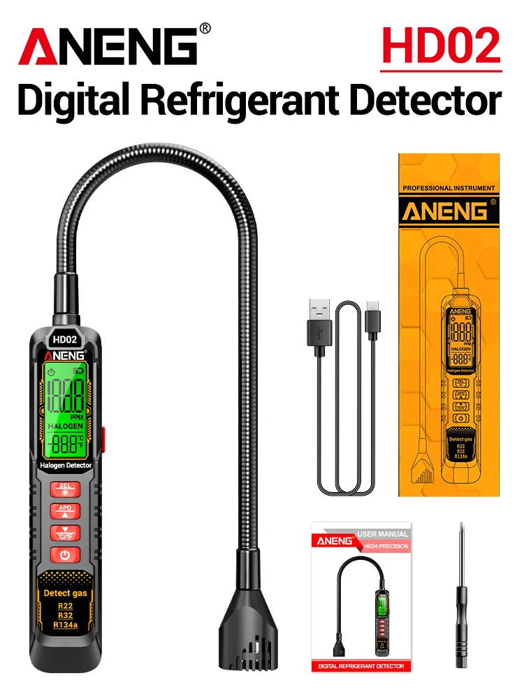 

HD02 Flexible Probe Gas Refrigerant Detector R22 R23 R134a ToolFreon Micro Leak Tester 0-100 0PPM TypeC RechargeableMeter