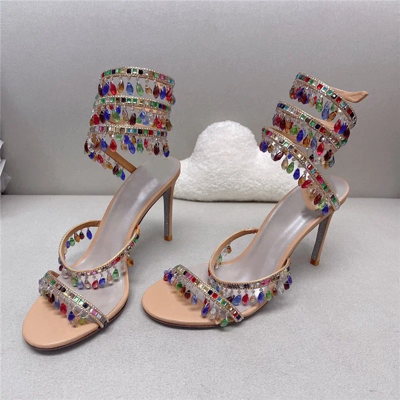 Ethnic Colorful Fringe Diamond Gem Ankle Strap Thin High Heels Open Toe Sandals 2024 Spring Summer Fashion Sweet Women Shoes