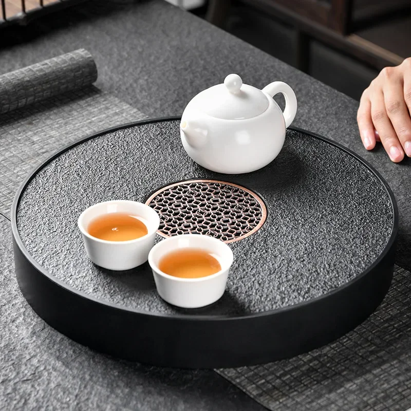 Round Rotating Imitation Ebony Stone Tea Tray High-end Household Tea Sets Dry Brew Tea Table Water Storage Ceramic Tray Luxury