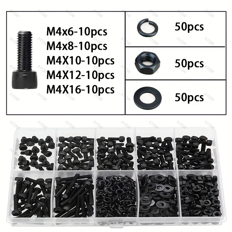 200-teiliges metrisches M4-Schraubenset: Sechskantschrauben, Muttern und Unterlegscheiben aus legiertem Stahl. Für Heimwerker/Industrie, Geschenk für Mechaniker und Ingenieure