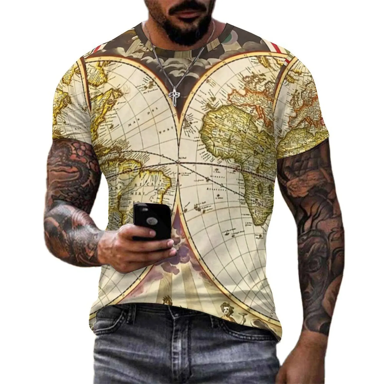 Vintage Earth Map T-Shirt Vintage Anitque Street Style T-Shirts O Neck Popular Tshirt Original Male Design Tops Large Size