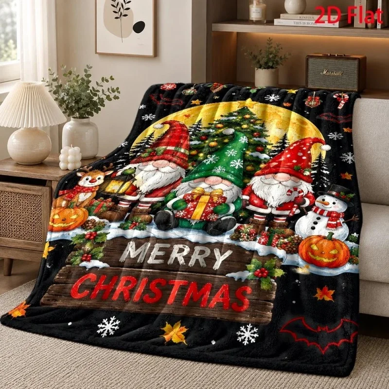 Christmas Gnome Snowman Flannel Throw Blanket, Tree Reindeer Gift Print Soft Warm Blanket for Sofa Bed Holiday Decor