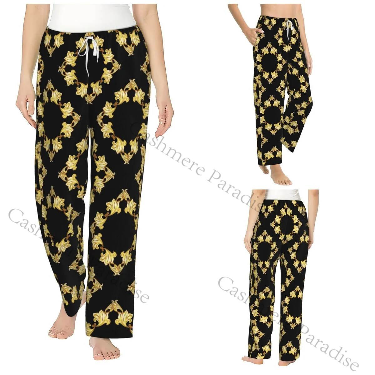

Golden Baroque Flowers Cozy Flannel Pajama Pants for Women Sleep Bottoms Home Loungewear