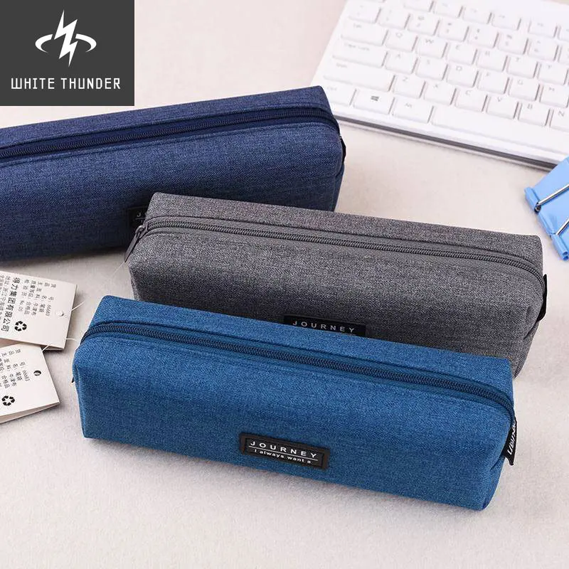 Canvas Blue Pencil Case Solid Color Stripes Simple Pencil Bags for Student New Stationery School Supplies Kids Gift