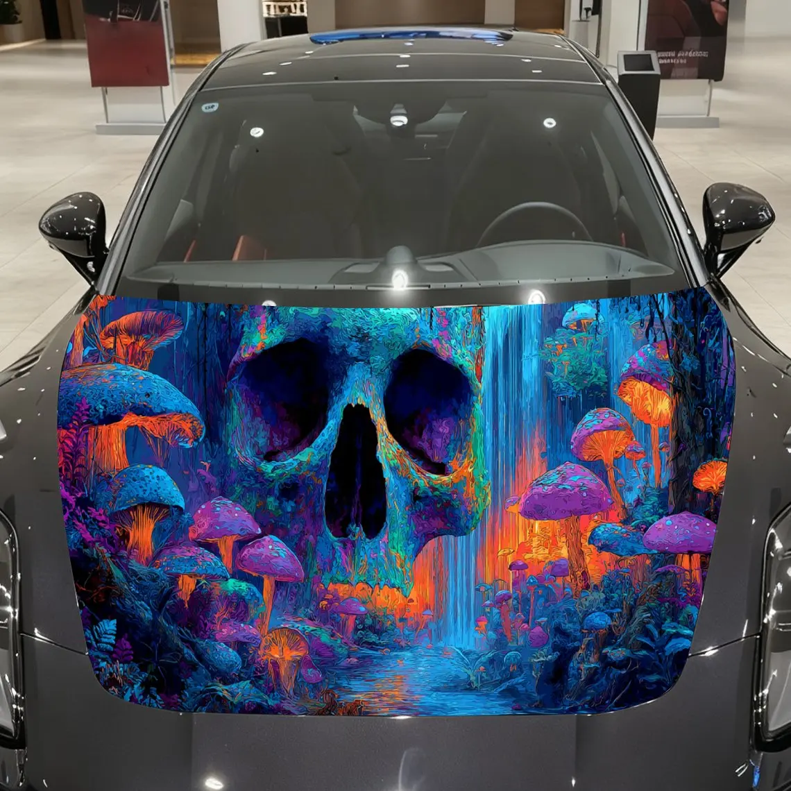 

Artistic Skull Mushroom Waterfall Auto Cover Sticker, Waterproof and Self-adhesive Car Hood Decal, Auto Vinyl Wraps, Cool Car Ex