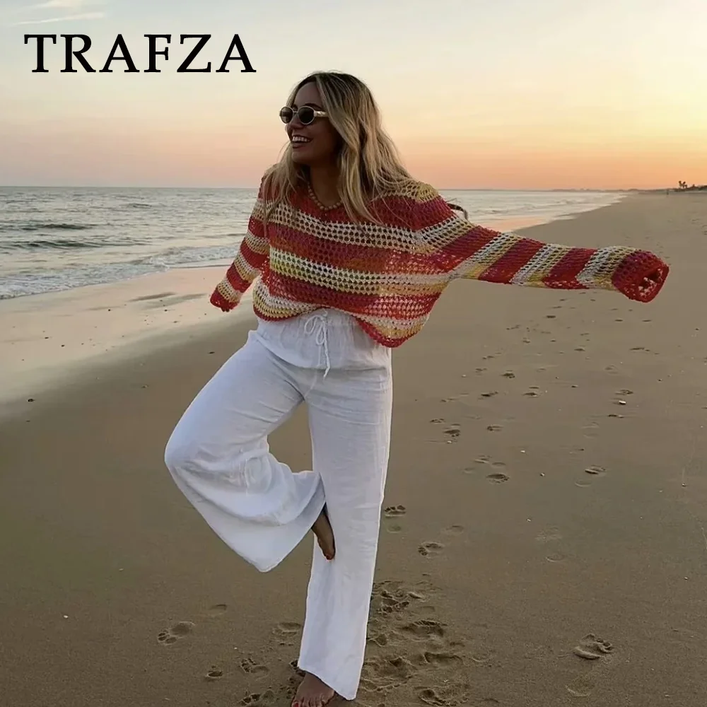 TRAFZA 2024 Spring Summer Casual Patchwork Women Sweaters Fashion Streetwear O Neck Crochet Striped Chic Ladies Loose Sweaters