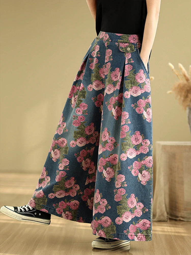 Pantalon à jambes larges imprimé Vintage pour femmes, coupe ample, grande taille, taille élastique, Denim, mode printemps été 2025
