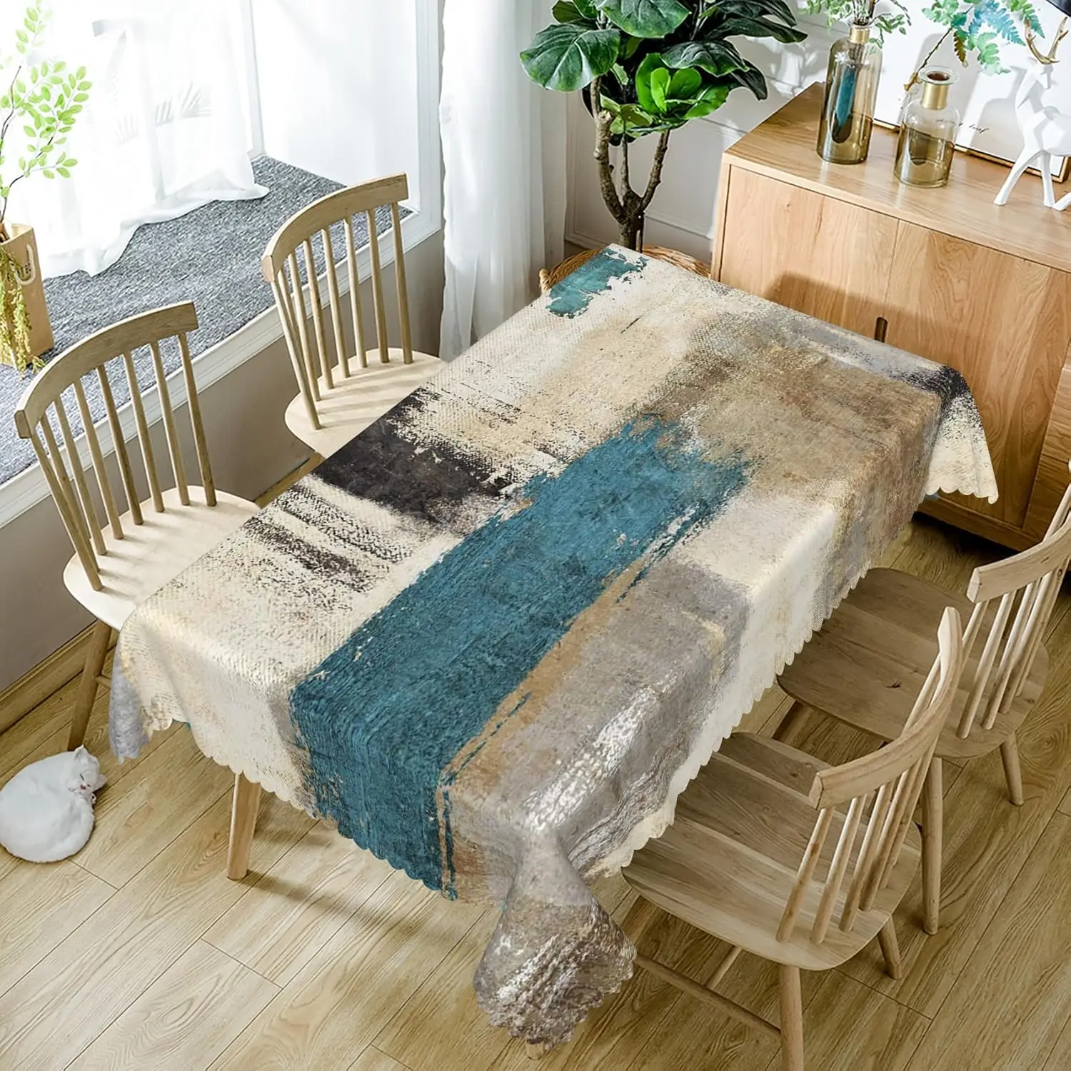 Modern Abstract Art Waterproof Tablecloth Blue Brown Grey Texture Table Cover for Kitchen Dining Patio Decor