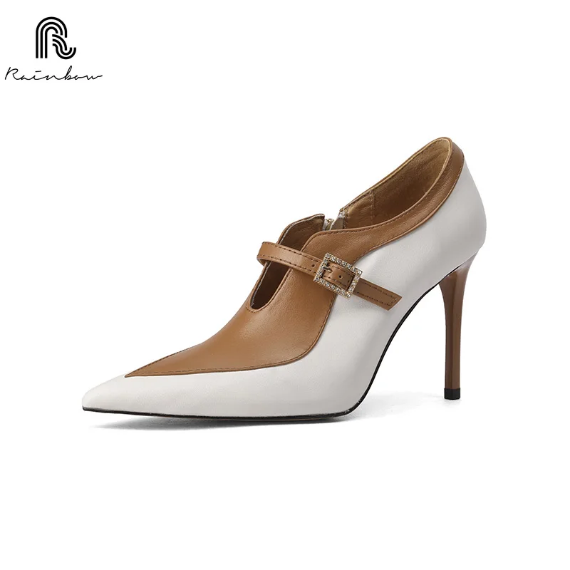 

RAINBOW 33-40 New Genuine Leather Retro Style Pumps Women Shoes Thin High Heels Shallow Pointed Toe Mixed Colors One-line Buckle