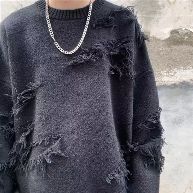 

Мужской вязаный свитер оверсайз Thi Warm Tassel Design круглый Ne Pure Color Свободный крой Осень-зима Бейсбольный воротник Длинный S...