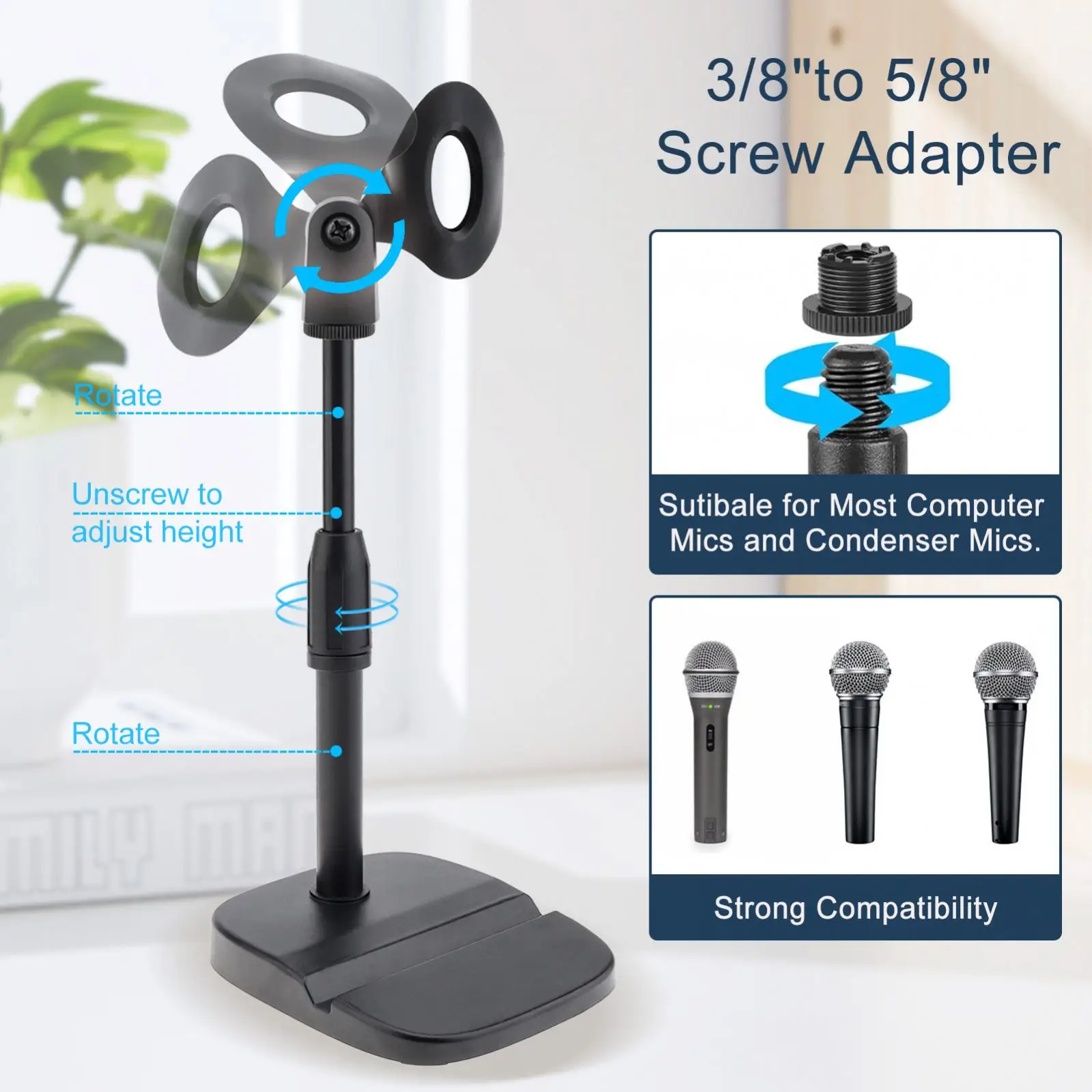 Adjustable Height Microphone Stand with Phone Holder, Stand Desk Table with Weighted Base 2 Types Optional