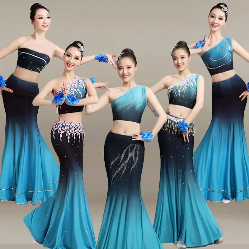 

New Chinese Traditional Dress Girls Women Dai National Folk Fan Dance Costume Long Mermaid Peacock Dance Costume Dress