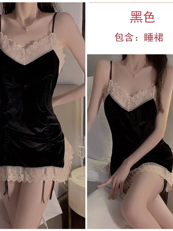 Underwear Sexy Lace Split Mature Charm Elegant Gentle New Drawstring Pleated Velvet Hanging Strap Dress Outer Robe Home 4177