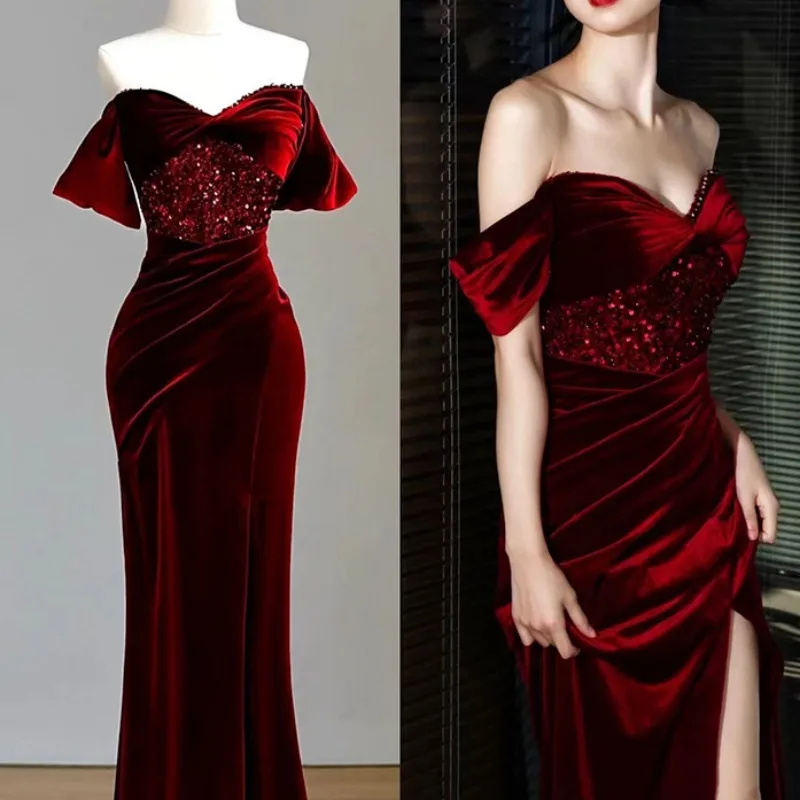 CustomizedSexy Velvet Evening Dress Sweetheart Off The Shoulder Side Split Mermiad Sequins Fishtail Formal Occasion Bridesmaid G