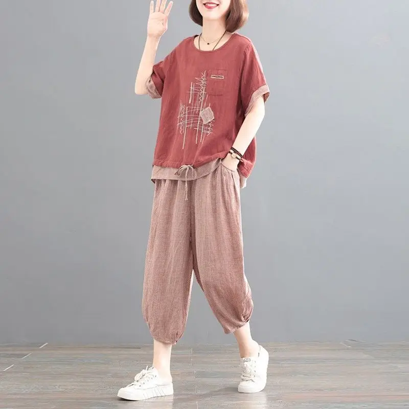 Cotton Linen T Shirts Sets Korean Style Vintage Patchwork Loose T-shirt and Plaid Capri Pants Casual 2 Piece Set Summer Trend