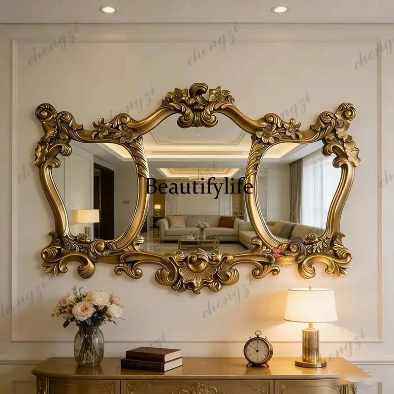 HR French retro three-sided bathroom mirror toilet wall hanging engraved makeup European fireplace decorative mirror