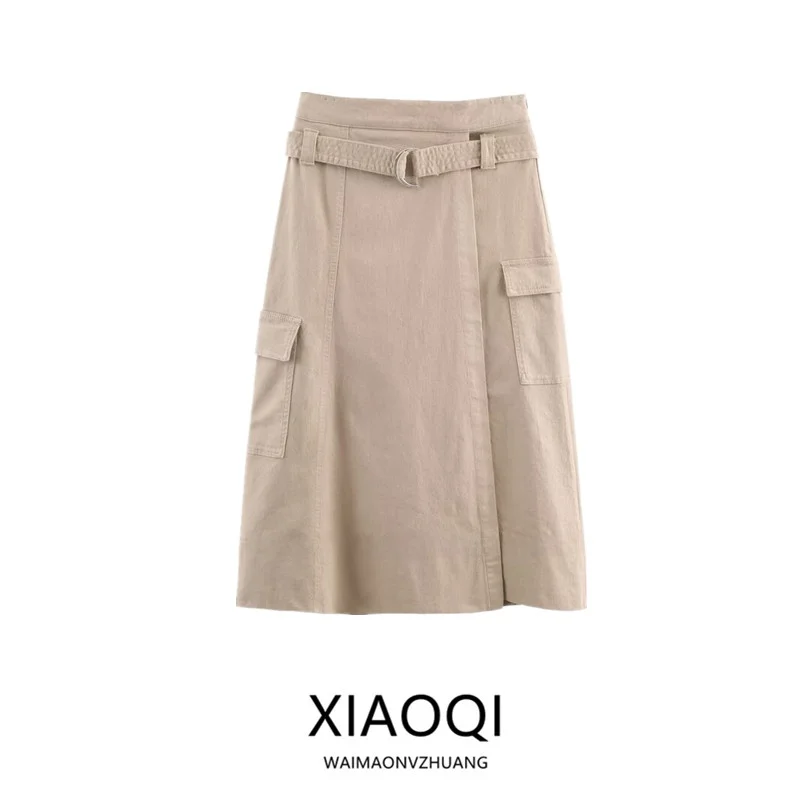 

Новая женская модная юбка миди с высокой талией и поясом, А-силуэт, свободный крой, для работы и повседневной носки, Зима 2025, другие материалы, другие виды обработки