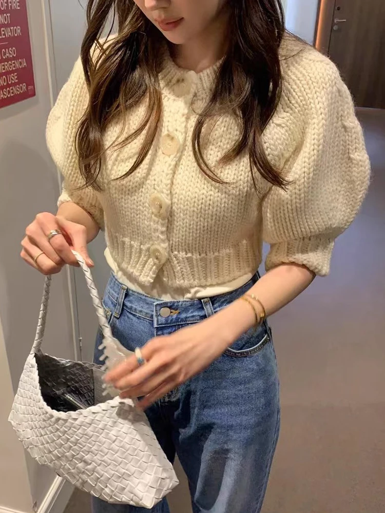 Cárdigan abierto de punto corto suave para mujer, Top con manga de burbuja, Top Retro con un solo botón, versión coreana, vie...