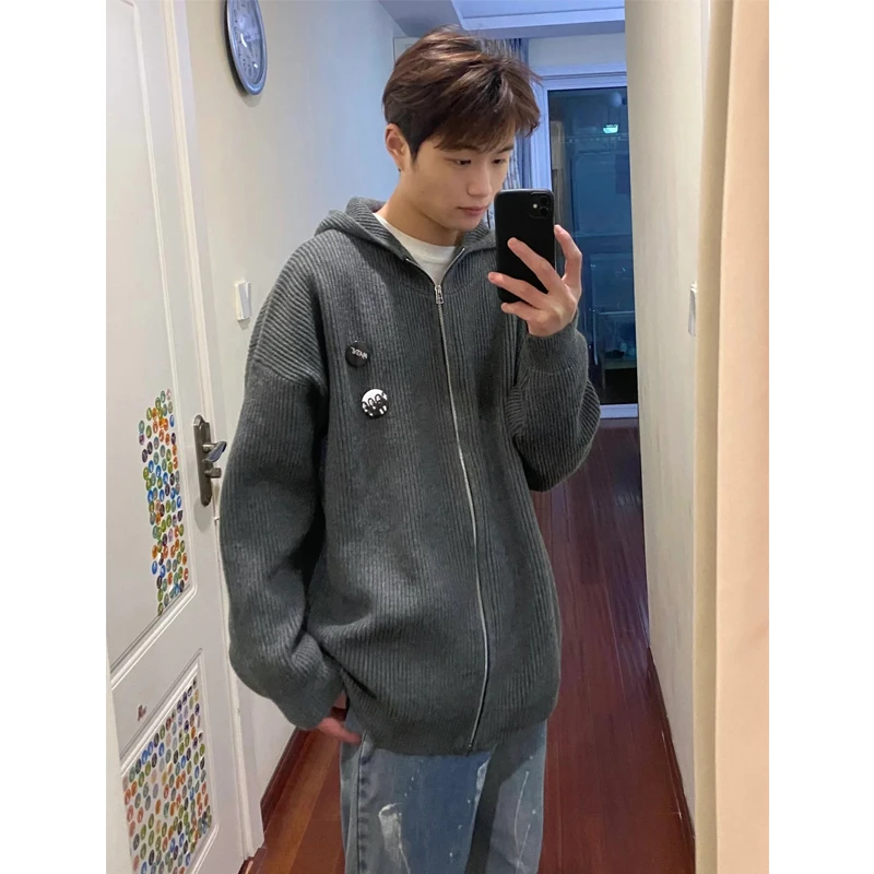 

Мужская зимняя толстовка на молнии темно-серого цвета в американском ретро-стиле, вязаный свитер Cleanfit, открытый кардиган, повседневная свободная куртка