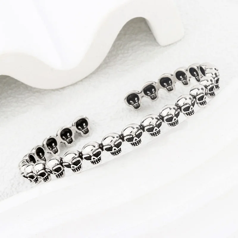 Exaggerated Skull Design Hip Hop Punk Retro Thai Silver Female Bangle Jewelry For Women Halloween Gift No Fade