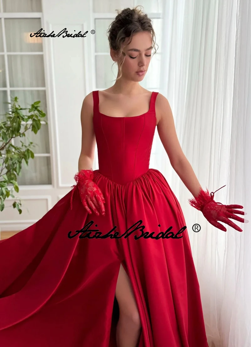 

Vintage Red Tank A-line Square Neckline Leg Slit Floor-length Taffeta Gown Formal Dress Prom Dress Robe De Soiree