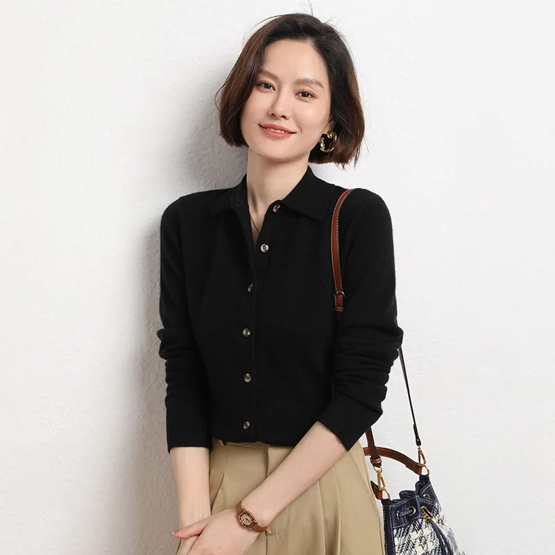Temperamento turn-down colarinho cardigans moda feminina único breasted emagrecimento malha suéteres senhora do escritório comute simples topos