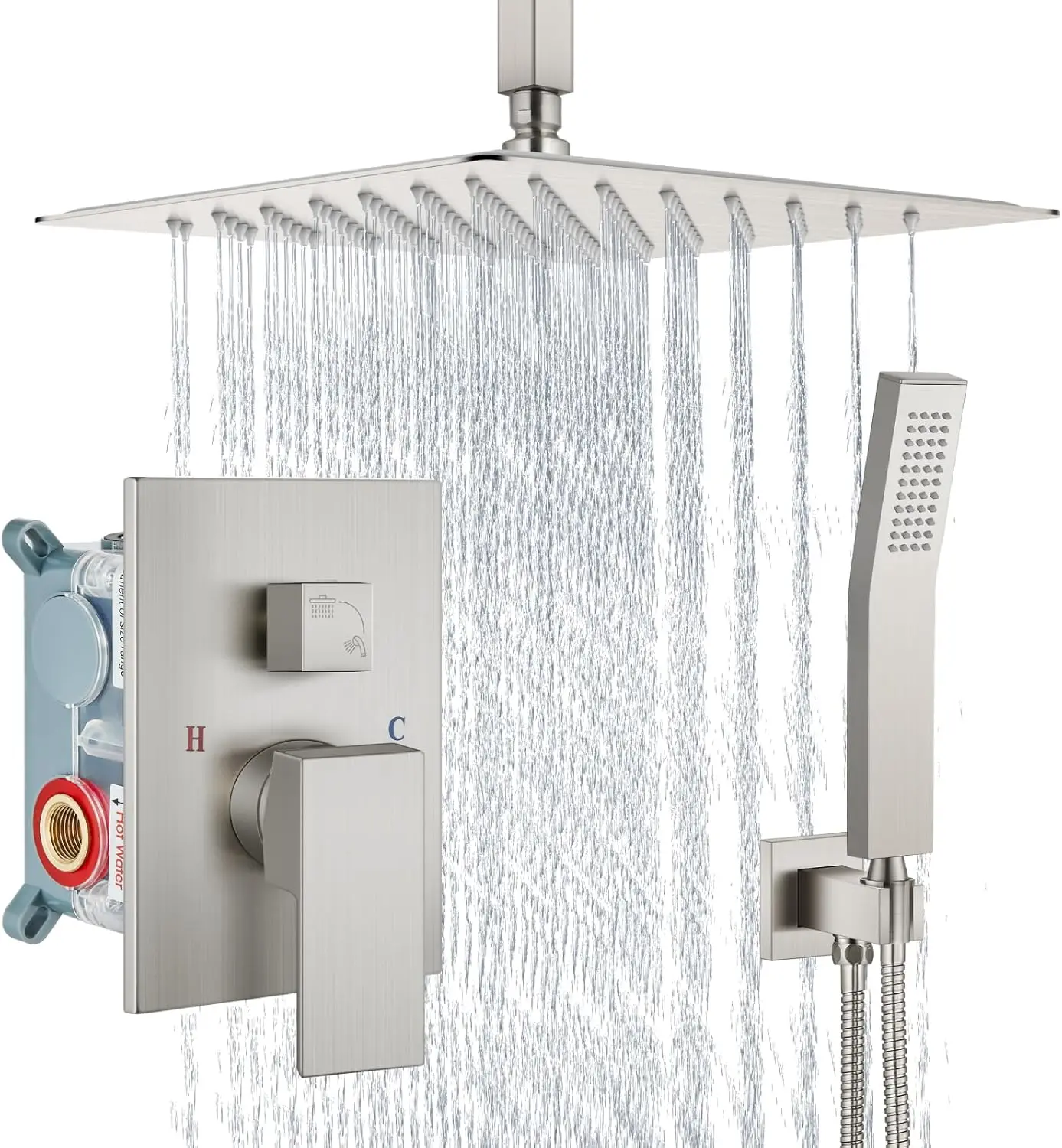 

Ceiling Mount Rain Shower Head with Handheld Spray High Pressure Faucet Set Brushed Nickel 12 Inch