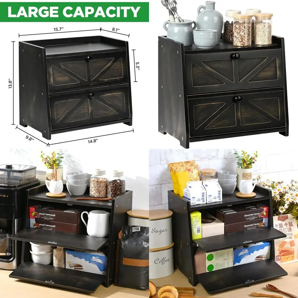 

Большая бамбуковая хлебница, двухъярусный контейнер для хранения домашнего хлеба на кухонной столешнице, черный