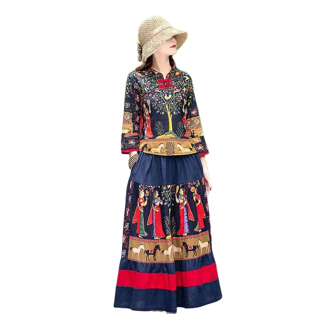 Ethnic Women's Long-sleeved Dress Spring And Autumn New Large-size Printed Cheongsam Top Skirt Two-piece Casual Summer Dress.