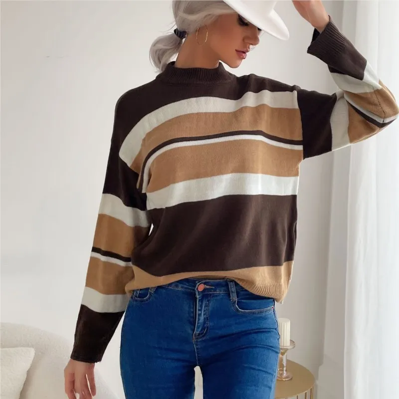 

Retro Striped Contrasting Women's Knitted Sweater Brown Semi High Neck Pullover Long Sleeved Sweater Autumn New Product 2025