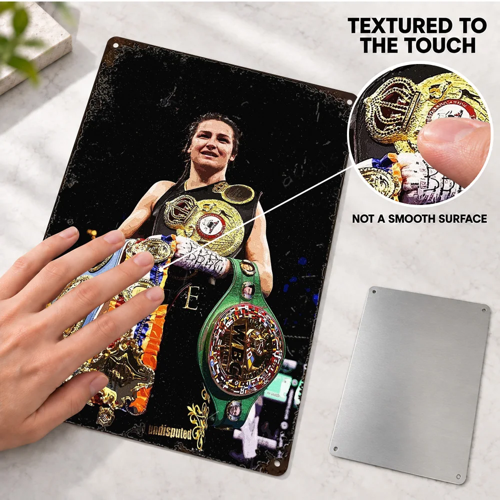 Katie Taylor Championship Belts Textured Metal Poster Personalized Aluminum Sign Gold Plates Black Straps Wall Art For Home Gym