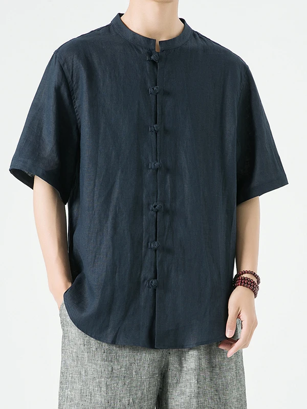 

Новый мужской комплект из 100% чистого льна: рубашка с коротким рукавом на пуговицах и высококачественный костюм в китайском стиле Тан.