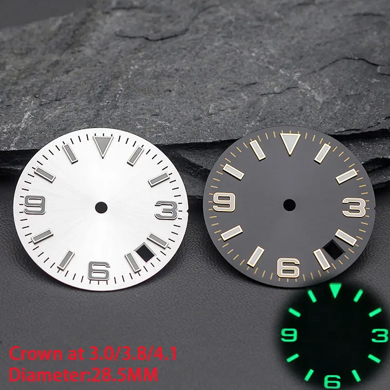 28.5mm Gold Black White Watch Dial Green luminous Fit Japan NH35 NH36 7S26 Automatic Movement fit Seiko Watch Crown at 3.8/3.0/4