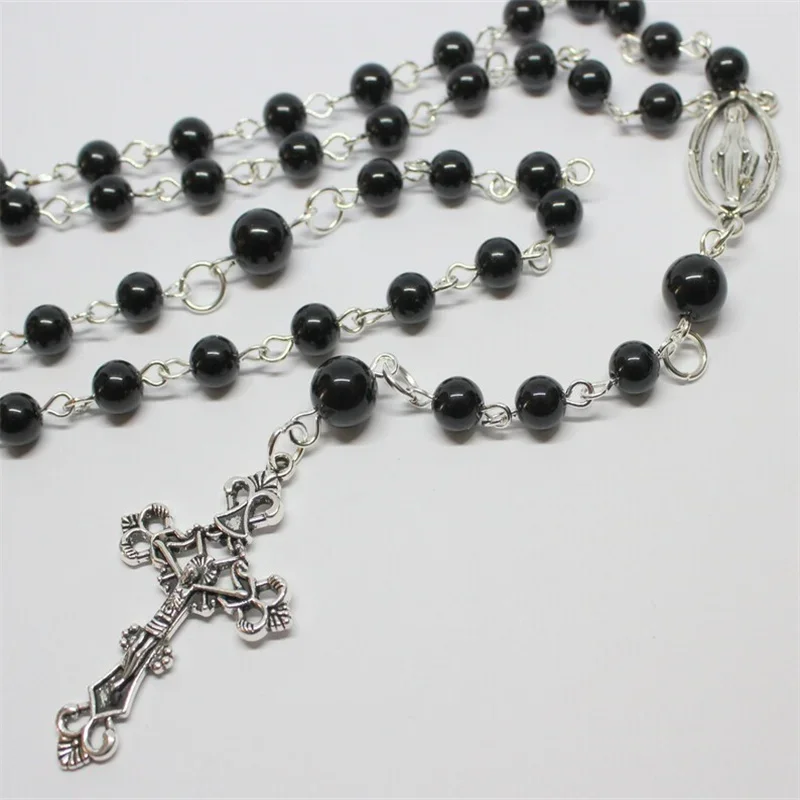 Handmade Victorian Gothic Rosary Style Long Necklace, Five Decade Rosary Beads with Crucifix, Black Glass Beads Catholic Rosary