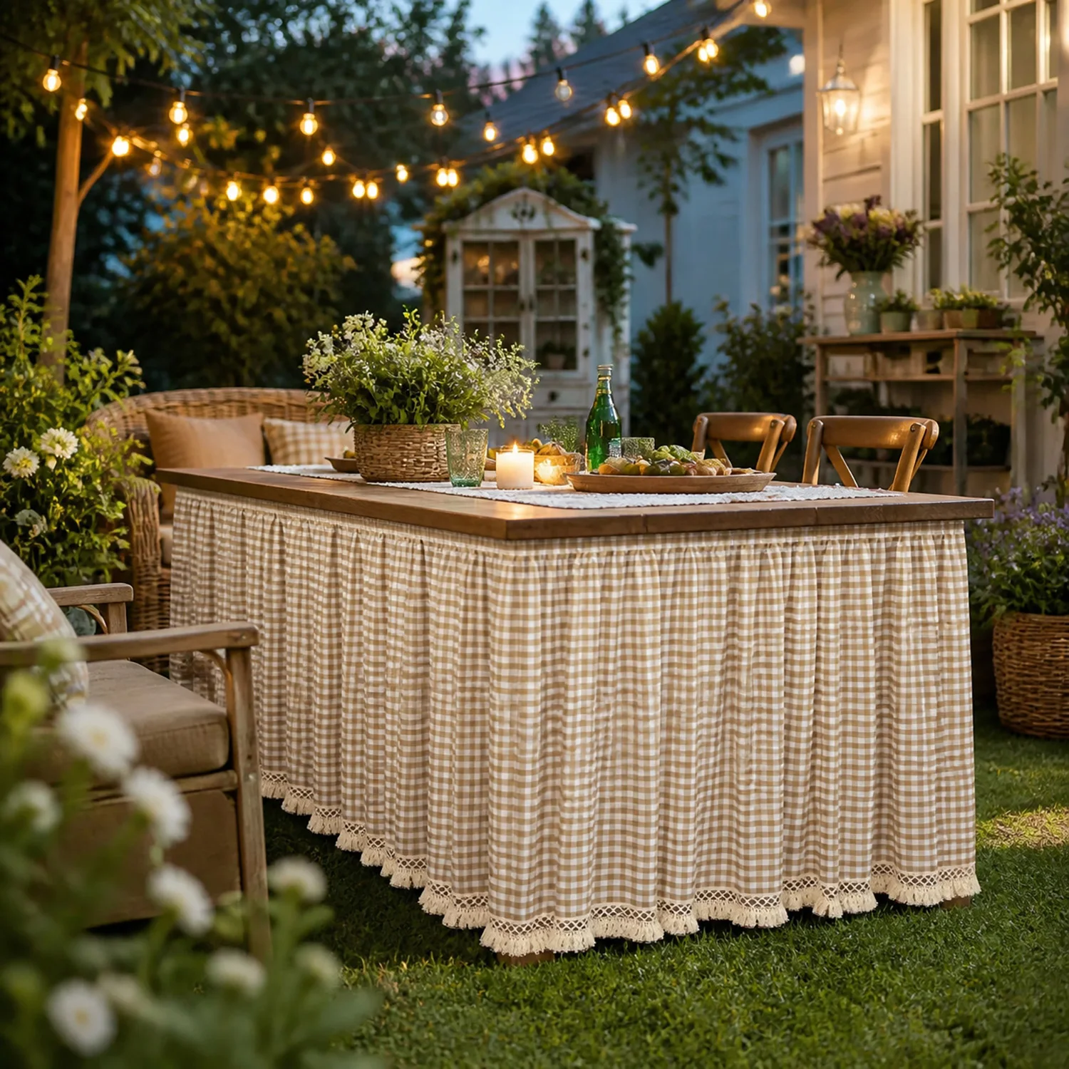 Self-Adhesive Farmhouse Plaid Table Skirt with Crochet Tassels,No-Drill Hook & Loop Green Cabinet Curtain for Coffee Table,Sink