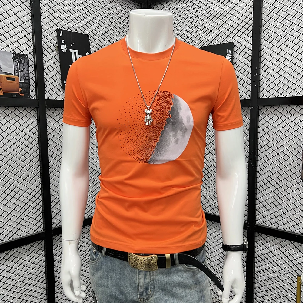 Men's Trendy T-shirt Rhinestone Moon Design Summer New Style Leisure Daily Fashion Luxury Brand Male Tops Round Neck Clothing