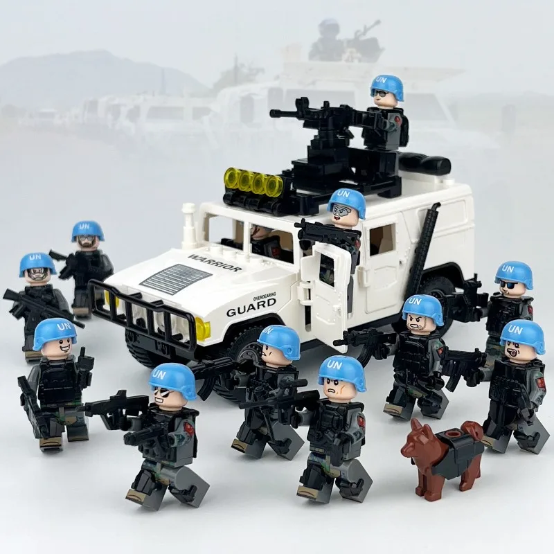 Bloc de construction militaire MOC, paquet de E-14, troupes d'élimination de la paix, figurines plus tomahawk, véhicules tout-terrain, armes pour chiens de police