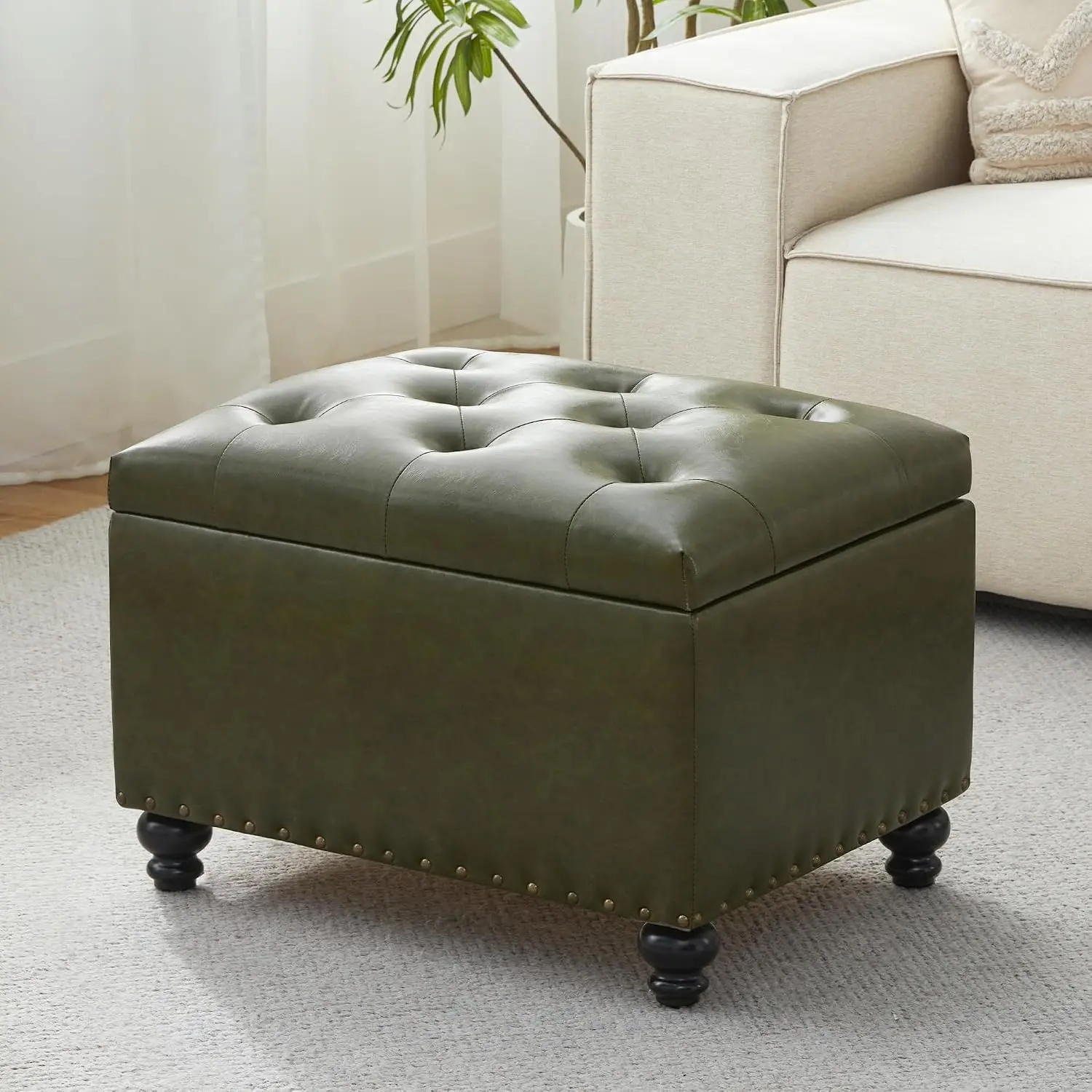 Leather Storage Ottoman, Button Tufted Upholstered Foot Rest Stool, 24