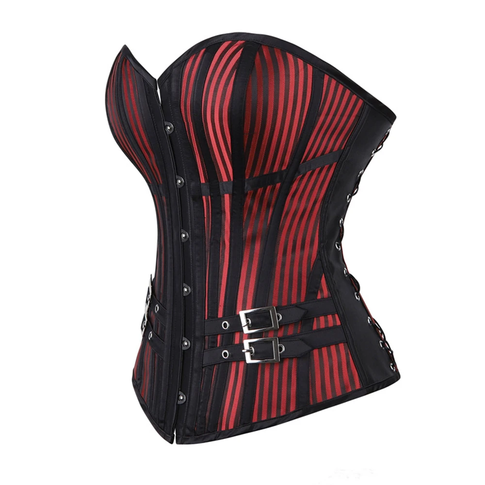 Women Vintage Deep Red Stripes Corset Top Gothic Lace Up Sexy Overbust Fishbone Bodice Body Shaper Lingerie Strapless Bustier