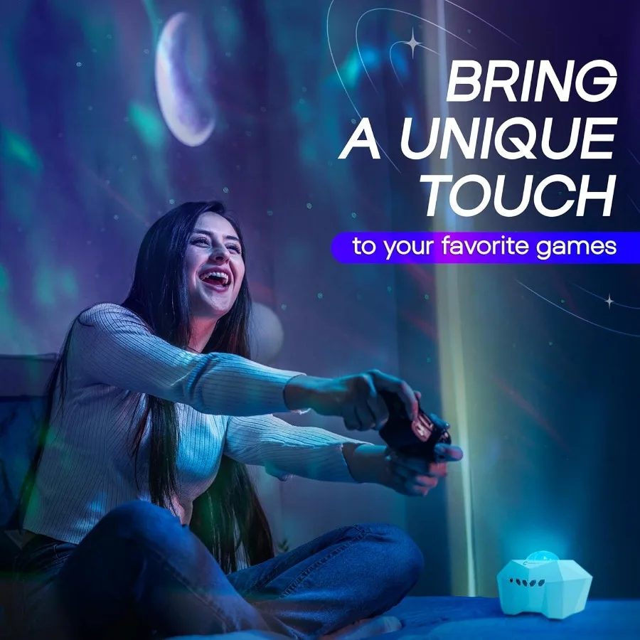 جهاز عرض ضوء أورورا بورياليس لأجواء غرفة النوم، ضوء ليلي جالاكسي ستار مع إضاءة مزاج LED سديمية وتصميم قمر أزرق #4