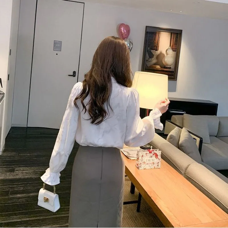 Women's Loose Long-Sleeved Button-Up Jacquard Shirt Chinese Modified Style Spring Autumn Base Layer Inner Wear Female Top 2026