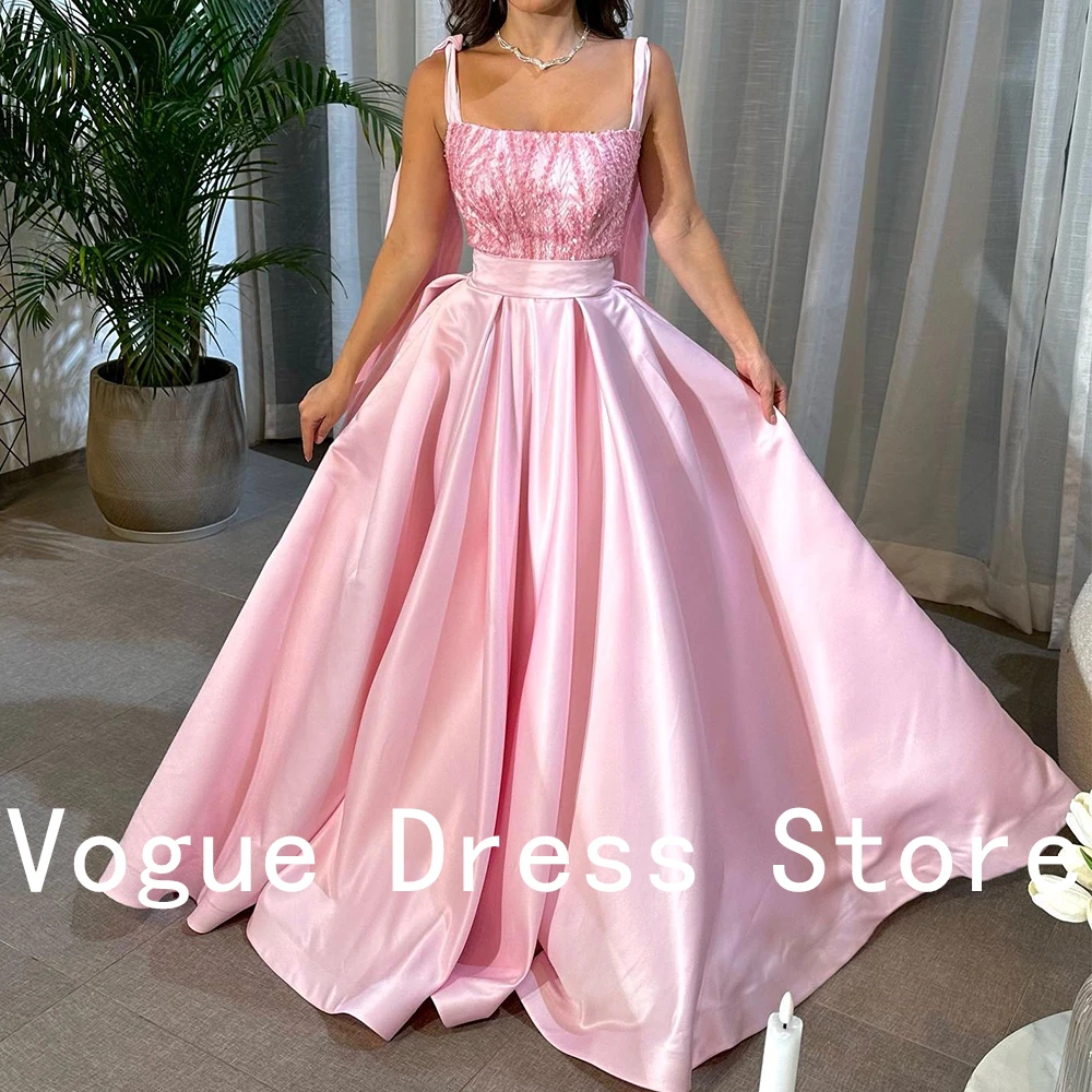 Customized Exquisite Spaghetti Straps Satin Evening Dress Fashion Square Collar Sleeveless A-Line Floor Length Homecom