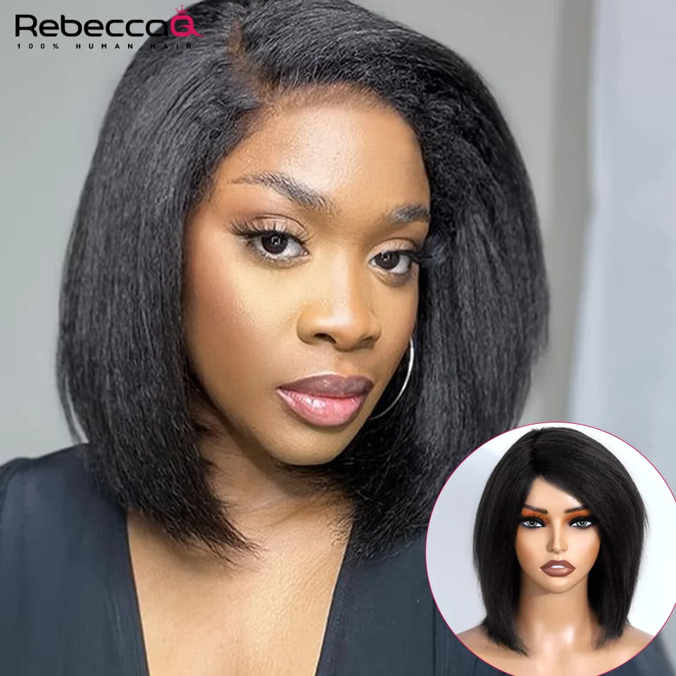 

Glueless Kinky Straight Frontal Wigs 100% Human Hair Easy Wear To Go Bob Peruvian Hair Short Yaki Straight Wig For Women On Sale