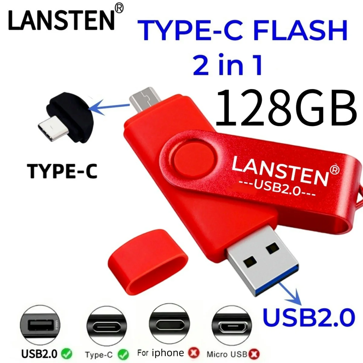 128GB USB C Flash Drive, 2 in 1 USB 2.0 Type C Thumb Drive Photo Memory Stick for Android Phones/Tablet/PC/Mac