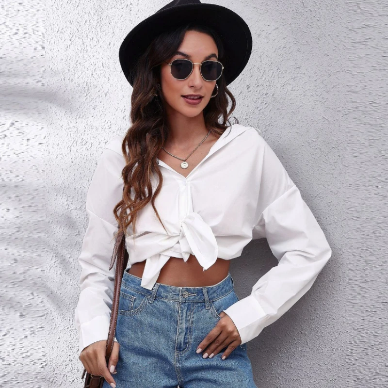 Women\'s White Shirts Backless Womens Tops Elegant Fashion Sexy Shirt Loose Basic 2023 Women Clothing Button Up Shirt Ladies Tops