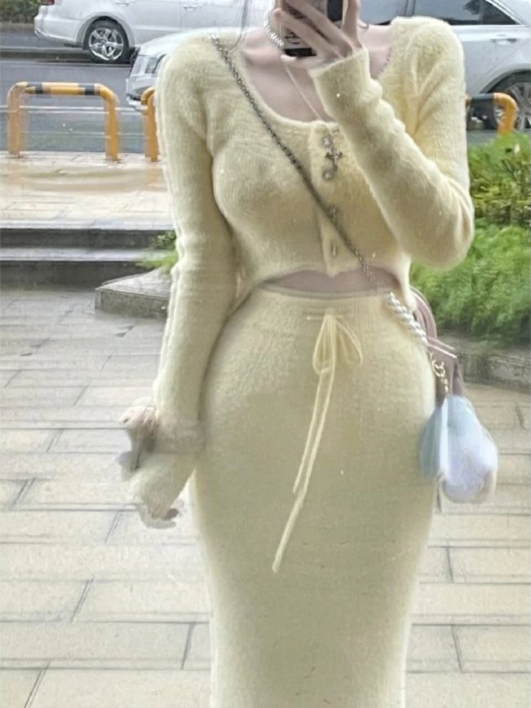 2023 Autumn Solid Elegant Suit Woman Casual Short Sweater Tops + Y2k Slim Bodycon Midi Skirt Outwear Korean Fashion 2 Piece Set