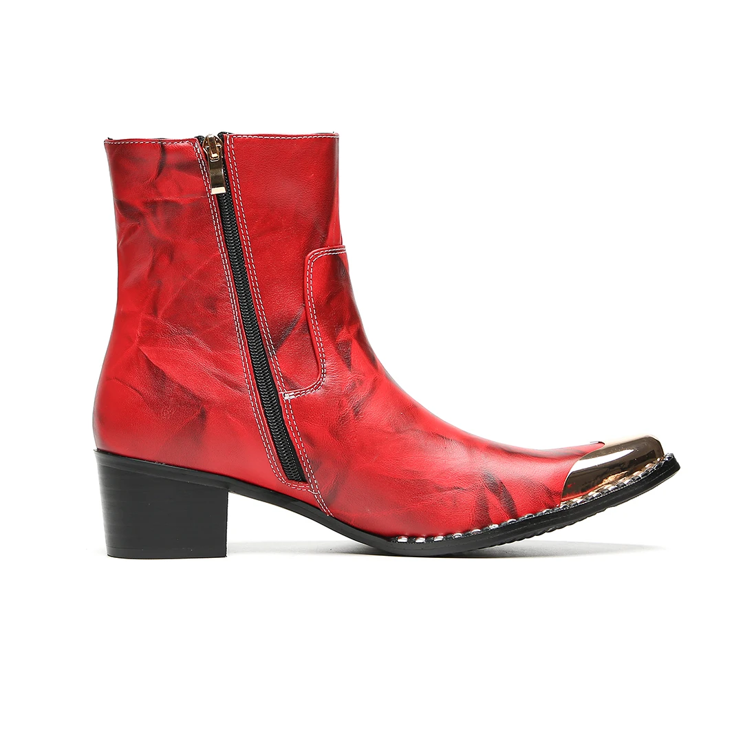 Herbst-Winter-Neue rote bestickte Stiefeletten für Herren, coole Metallkappe mit Nieten, Retro-Muster, seitlicher Reißverschluss, klobiger Absatz, modisch – Detail 11