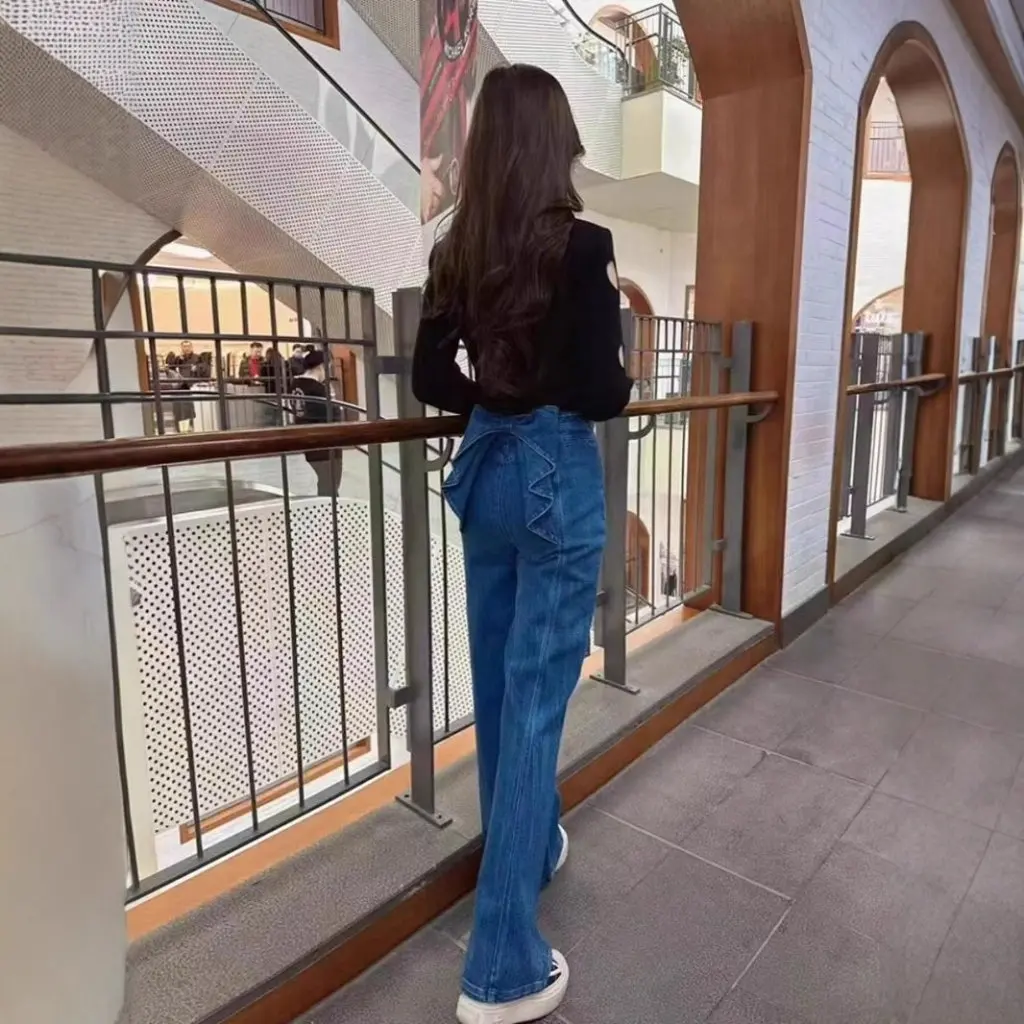 

Liu Yifei женские джинсы с высокой талией и бантом в американском стиле, весенне-осенние корейские свободные прямые брюки